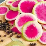 Sweeter than most varieties, they have a beautiful interior that looks like a ripe watermelon.