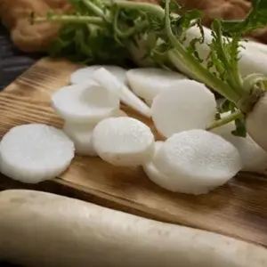 A popular Japanese daikon type radish that has a long, white tapered root.